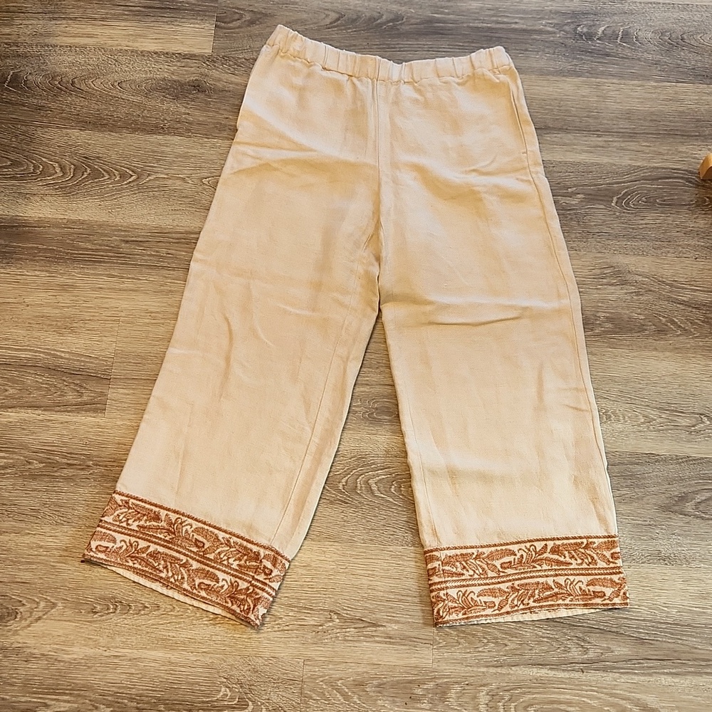 J Jill oatmeal neutral cropped linen blend embroidered pants XS